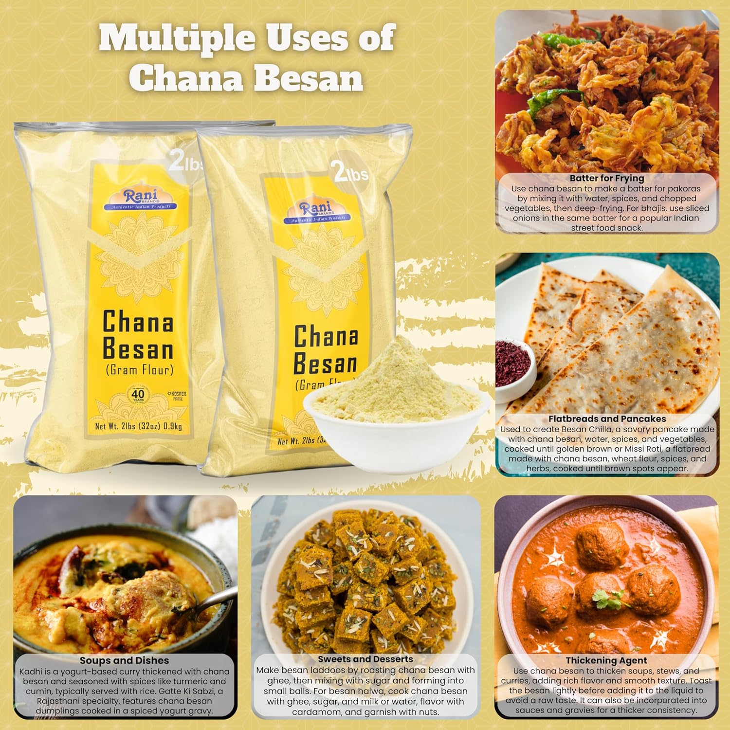 Rani Chana Besan (Chickpeas Flour, Gram) 32oz (2lbs) 908g ~ All Natural | Vegan | Gluten Friendly | NON-GMO | Kosher | Indian Origin