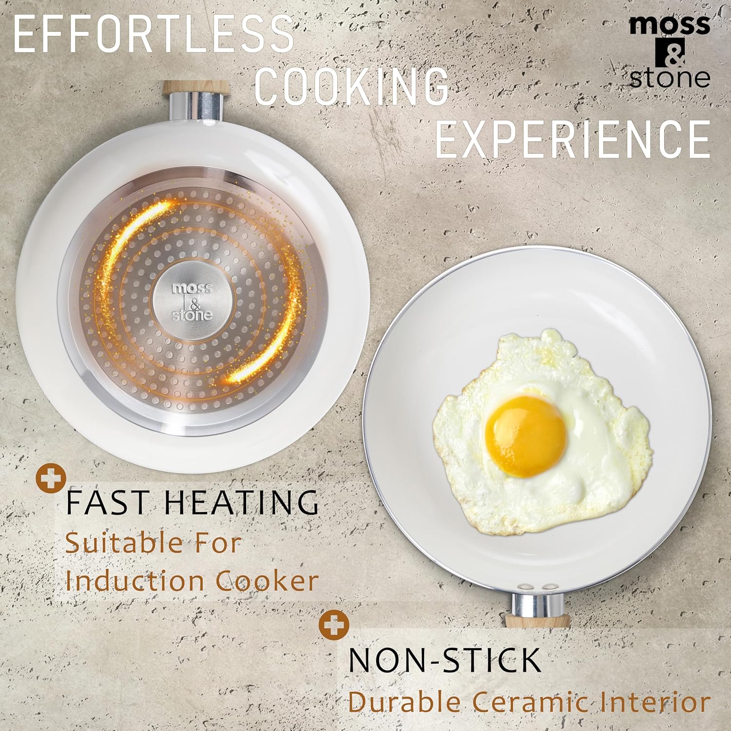Moss & Stone 6 Pcs White Nonstick Cookware Set, Pots And Pans Set Non stick With Glass Lid, Induction Cookware, Stay-Cool Handle PTFE/PFOA Kitchen Pots 6-Piece with Frying Pans & Saucepan