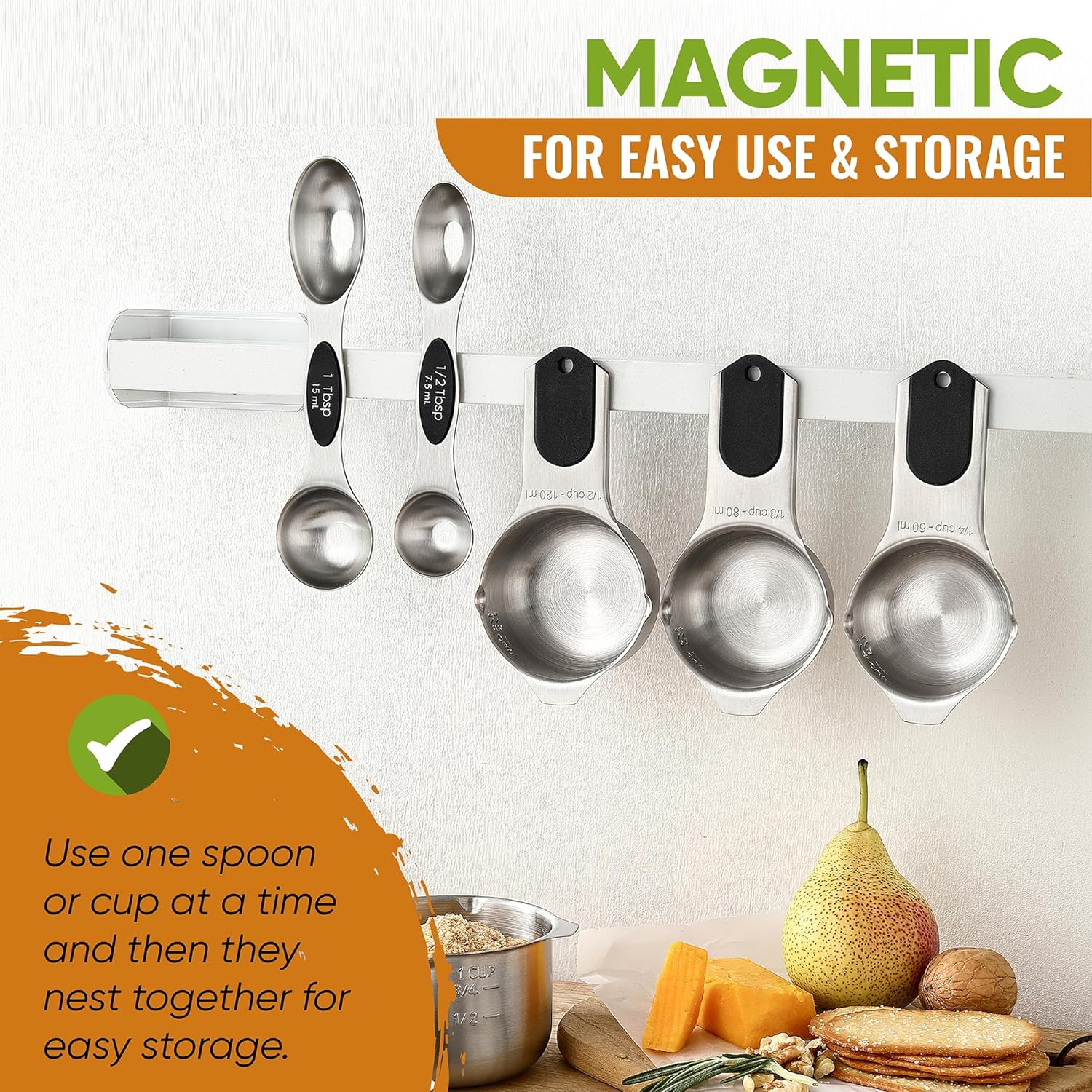 Spring Chef Magnetic Measuring Cups & Spoons Set (Patent Pending), Strong N45 Magnets, Heavy Duty Stainless Steel Fits in Spice Jars for Baking & Cooking, BPA Free, Round Set of 9, Black
