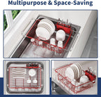 JASIWAY Dish Drying Rack in Sink, Red Dish Dryer Racks Over Sink, Dishes Drainers for Kitchen Sink, Stainless Steel Plates Drying Rack with Utensil Holder & Cups Holder