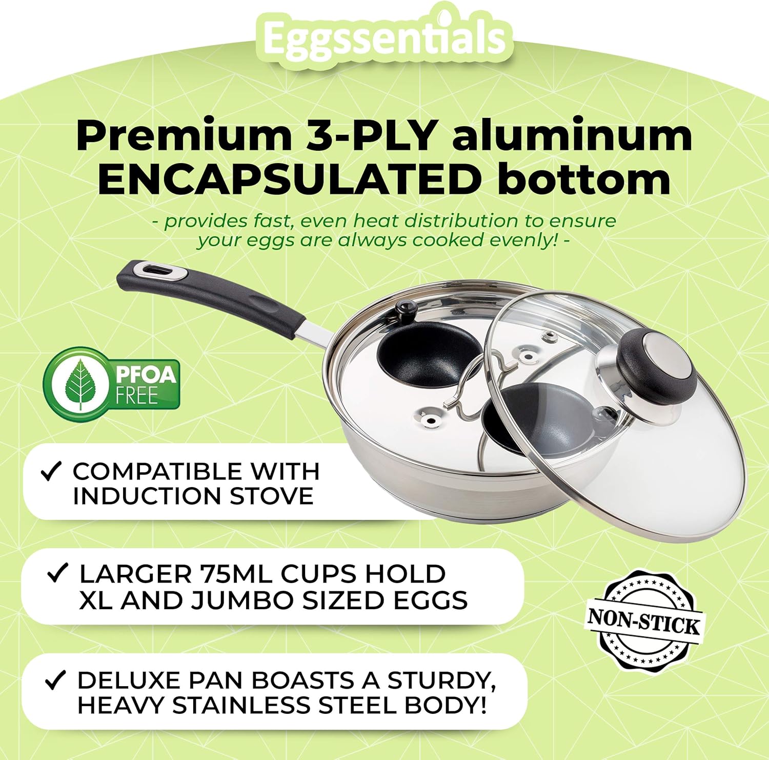 Eggssentials Egg Poacher Pan Nonstick Coating - Poached Egg Cooker, Stainless Steel Egg Poaching Pan PFOA Free with Spatula, Poached Egg Maker, Egg Poachers Cookware
