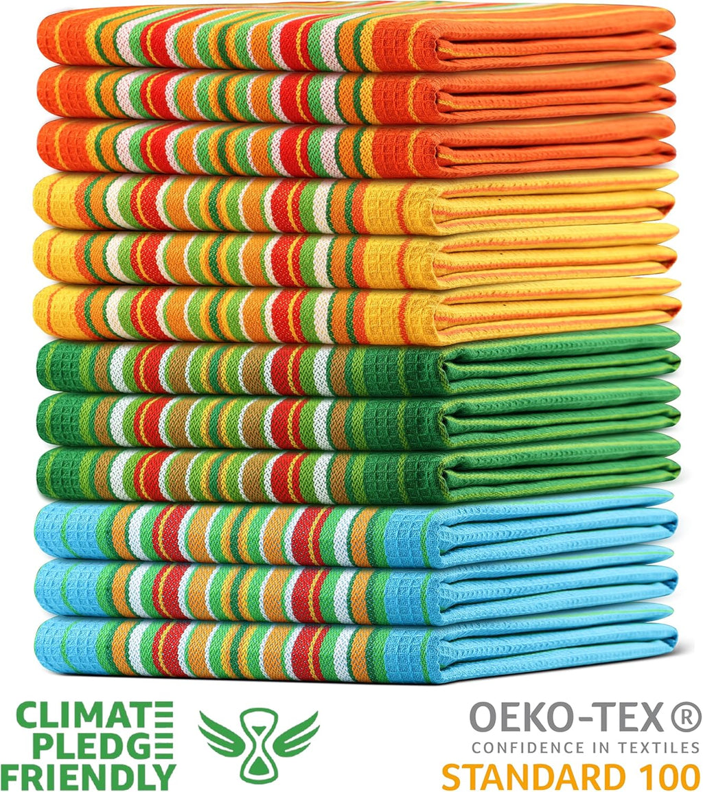 Urban Villa Salsa Stripe Kitchen Towels 100% Cotton Dish Towels for Kitchen Multi Color Highly Absorbent Multi-Purpose Waffle Dish Cloths for Cleaning Soft Hand Bar Towels 20x30 Inches (Set of 12)