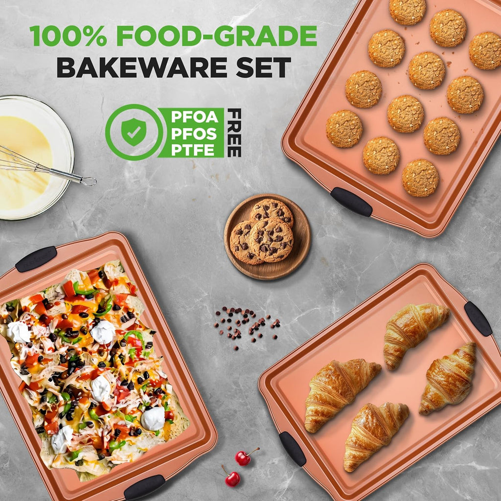 NutriChef 3 Piece Baking Pan Set - PFOA, PFOS, PTFE Free Flexible Nonstick Carbon Steel Bakeware Set - Home Kitchen Bake Pan Cookie Sheet Stackable Baking Tray Set w/Black Silicone Handles NCSBS3S45