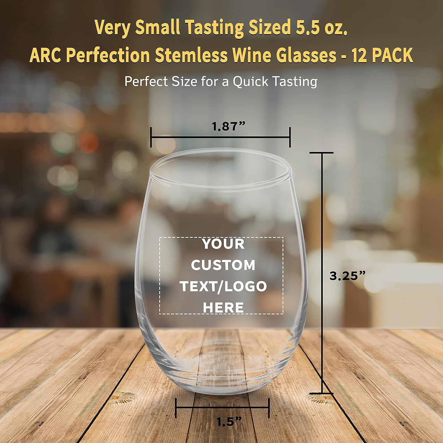 Custom Stemless Wine Glasses by ARC 5.5 oz. Set of 12, Personalized Bulk Pack - Perfect for Hotel, Bar, Restaurant or Lounge - Clear