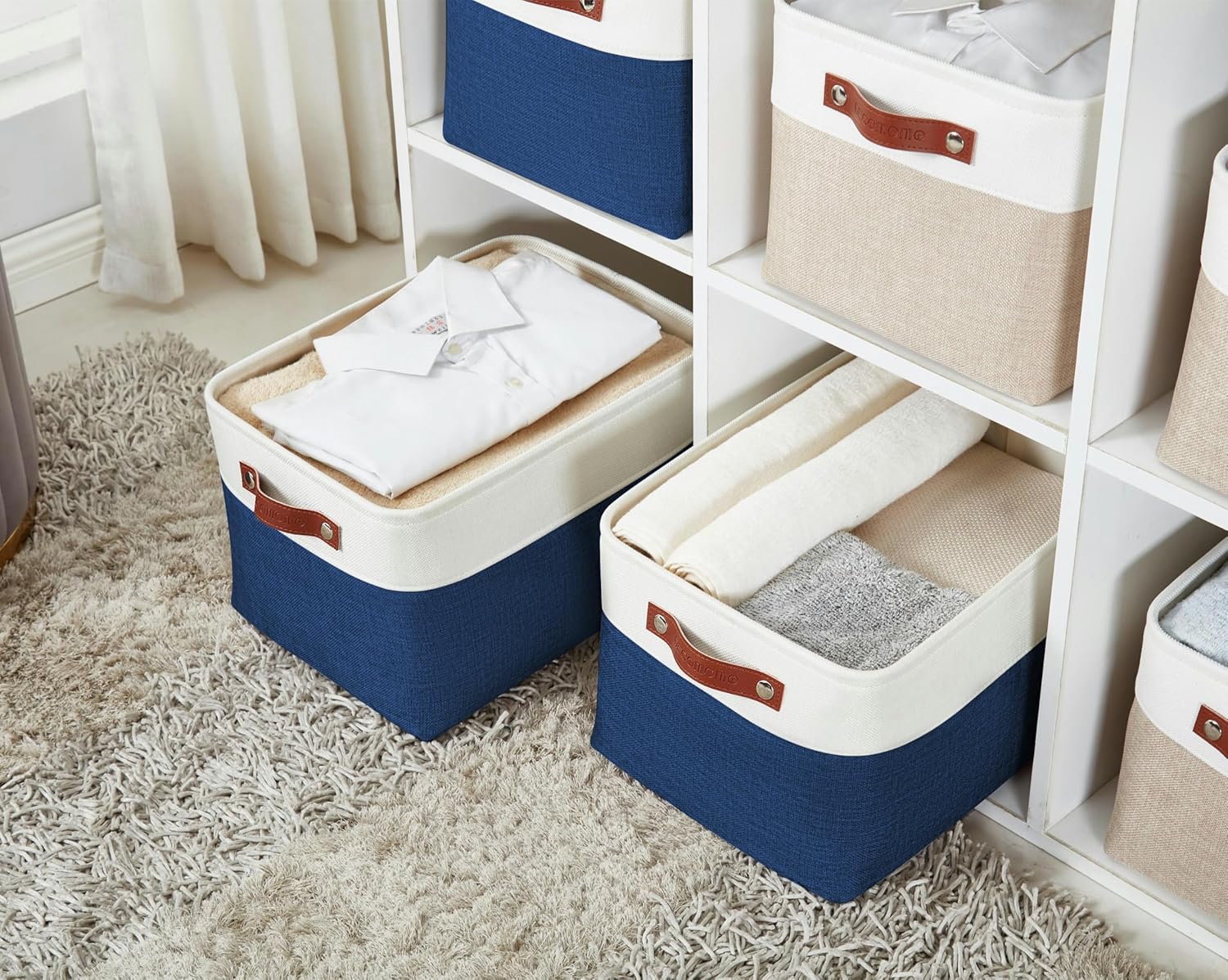 DECOMOMO Storage Baskets for Shelves - Fabric Storage Bins, Linen Closet Organizers and Storage (Navy Blue & White, Large - 3 Pack)