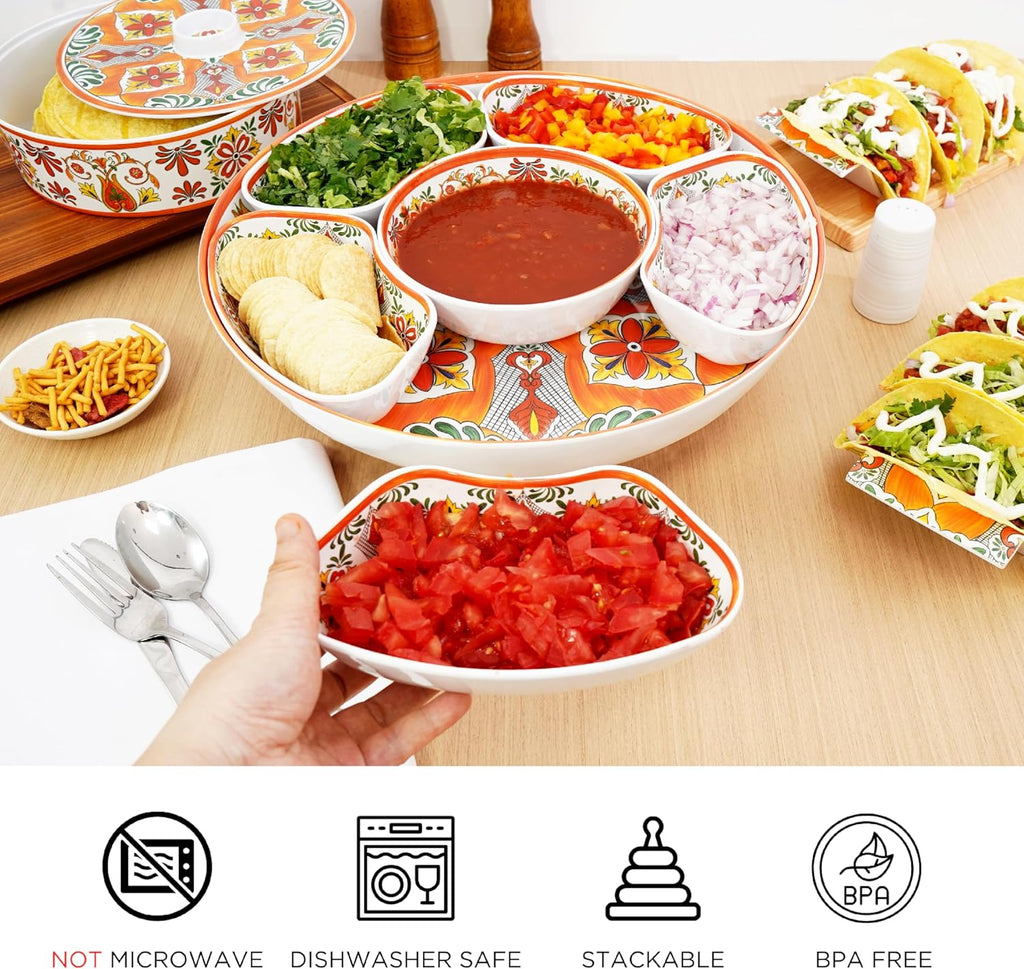 TP Taco Bar Serving Set, Melamine Serving Platter with Lazy Susan, Serving Tray and Bowls, Taco Tuesday Kit Snack Holder for Party and Fiesta, Talavera Bloom