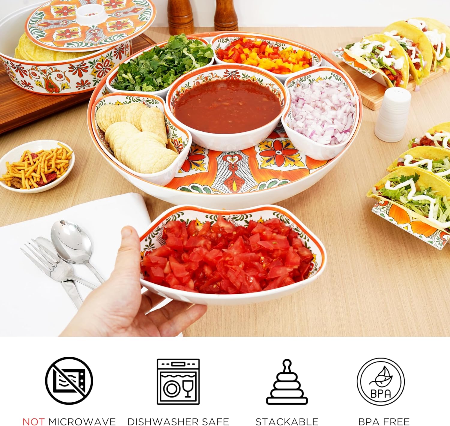 TP Taco Bar Serving Set, Melamine Serving Platter with Lazy Susan, Serving Tray and Bowls, Taco Tuesday Kit Snack Holder for Party and Fiesta, Talavera Bloom