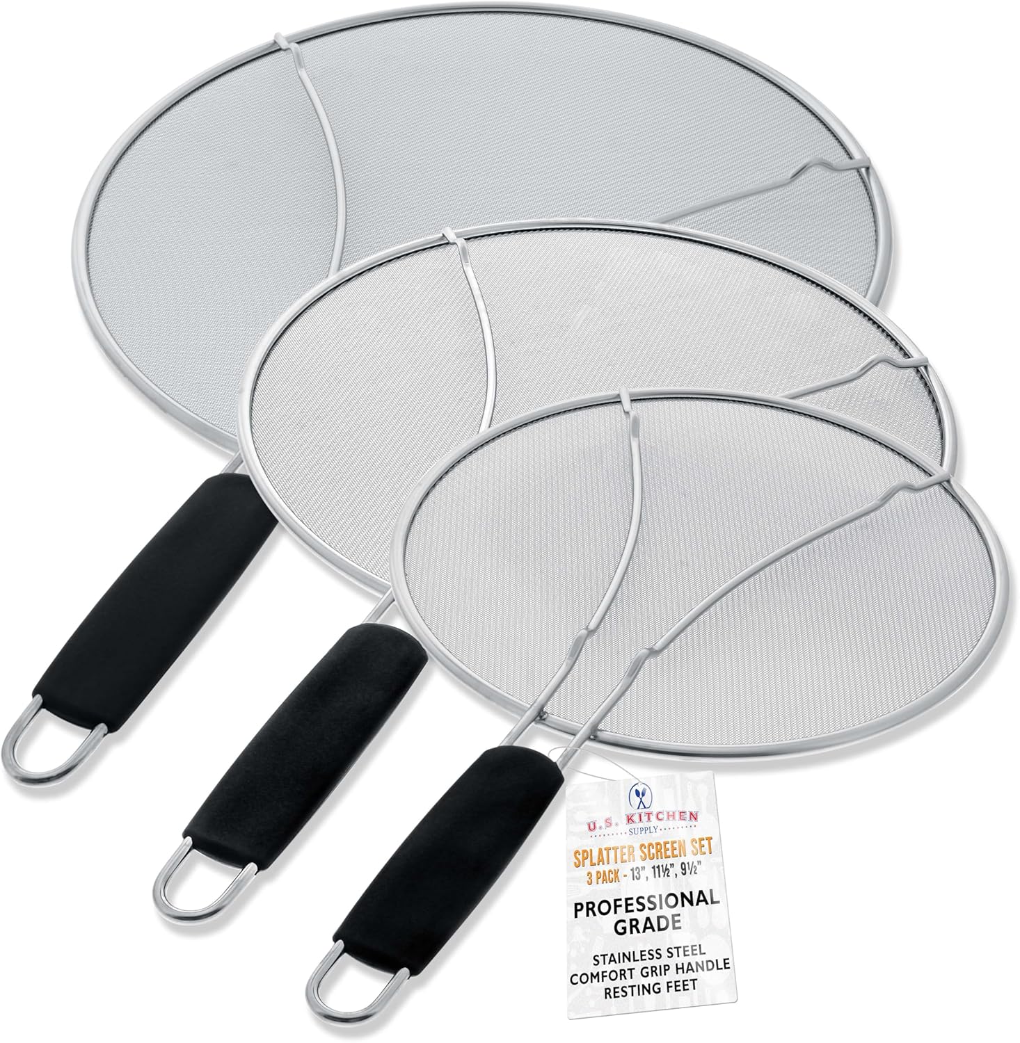 U.S. Kitchen Supply 3-Piece Stainless Steel Splatter Guard Set (13", 11.5", 9.5") Fine Mesh Cover, Grease & Oil, Splatter Screen for Frying Pan, Cooking Pots, with Resting Feet & Comfort Grip Handles