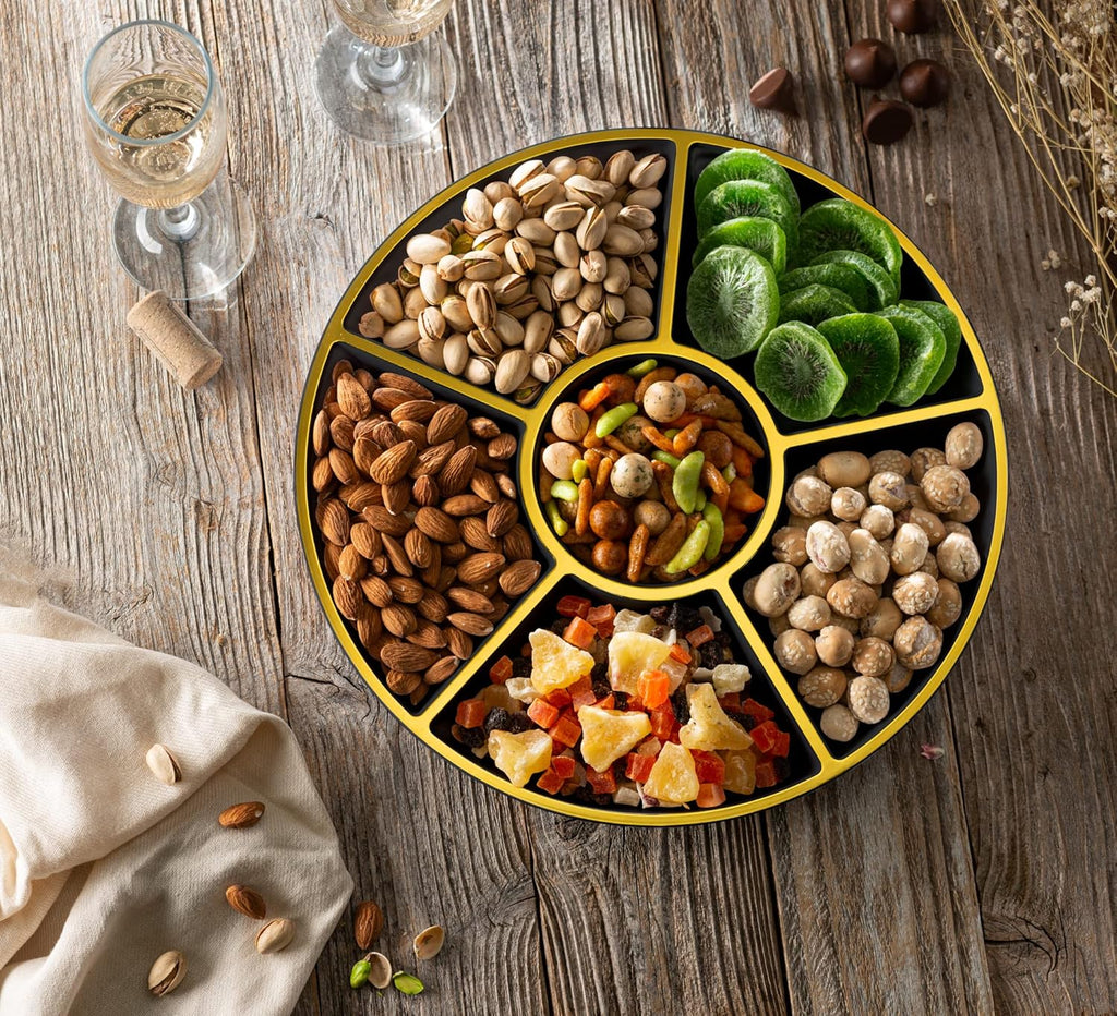 Plasticpro 6 Sectional Round Plastic Serving Tray/Platters Black & Gold Pack of 8