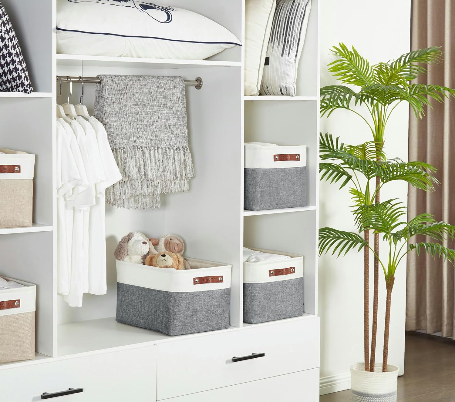 DECOMOMO Storage Baskets for Shelves - Fabric Storage Bins, Linen Closet Organizers and Storage (Slate Grey & White, XL - 3 Pack)