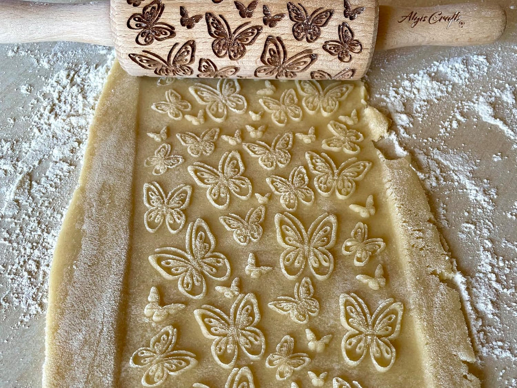 SUMMER 3 KID Rolling Pin SET. Wooden Laser Cut Mini Rolling Pins for cookies, play dough, salt dough or clay Butterfly, Music Flower by Algis Crafts