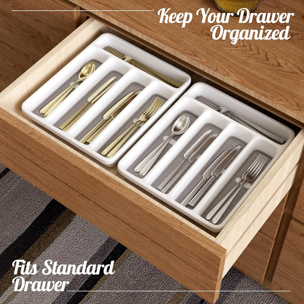 5-Slot Utensil Drawer Organizer for Silverware & Cutlery | Large Plastic Utensil Holder with Non-Slip Design, Silverware Drawer Organizer, BPA-Free (White)