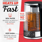 Gourmia Programmable Digital Glass Kettle – 1.7L Adjustable Temperature Electric Kettle with 6 Presets, Keep Warm, Stainless Steel Tea Infuser, 360° Swivel Base - Black