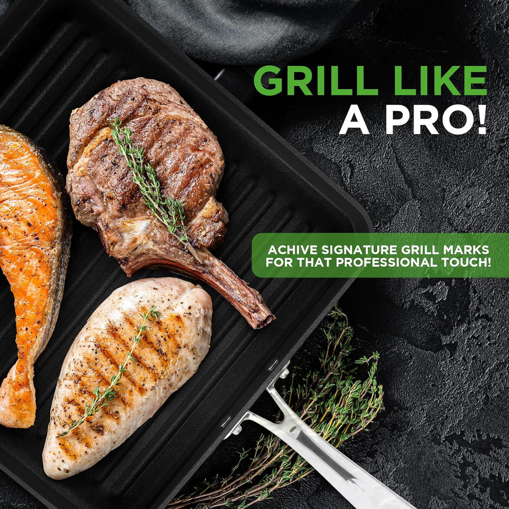 NutriChef 11" Square Grill Pan Non Stick - High Ridges, Hard-Anodized, Stove Top Griddle, Strong Handles, Dishwasher Safe