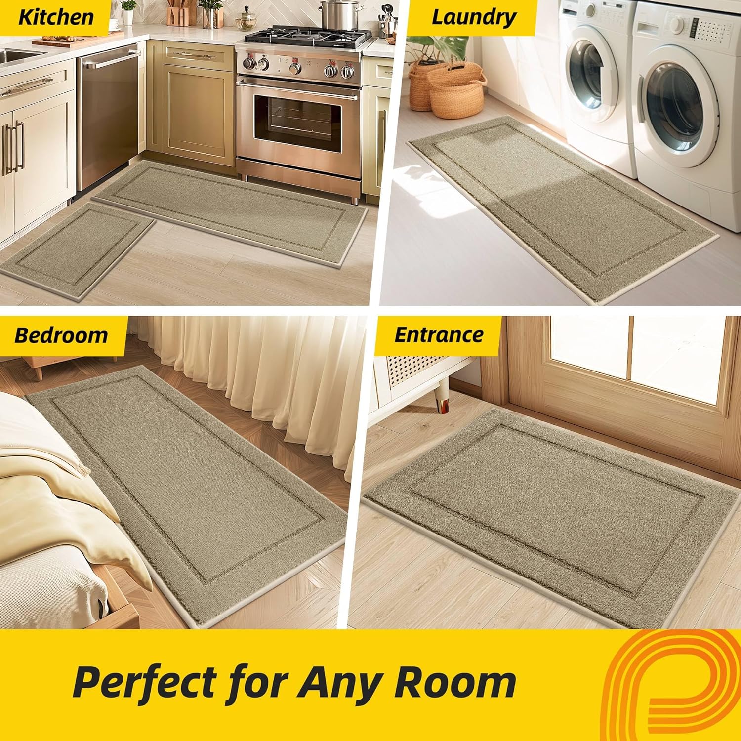 JSEI Non-Slip Kitchen Mats, Self Adhesive No Sliding Kitchen Rugs Set of 2, Washable Absorbent Floor Mat for Kitchen, Bathroom, Laundry Room, Bedroom, 24”x36”+24”x60”, Beige, Rectangular Pattern