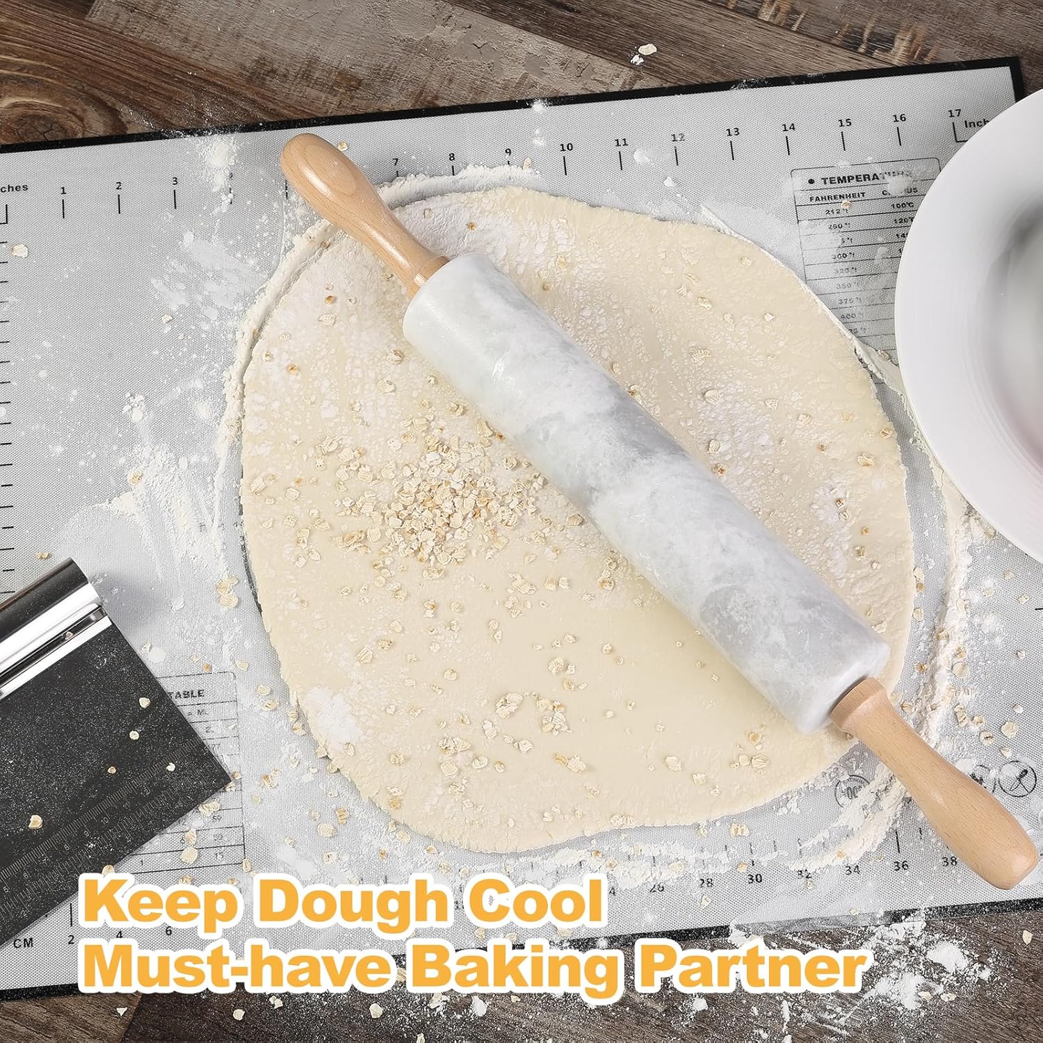 Koville African Natural Marble Rolling Pin, Non-Stick Polished Dough Roller, Pasta, Dumpling, Fondant, Pie Crust, Bread, Pizza Dough, Kitchen Baking Pastry Tools with Mat/Scraper(Grigio Fantasy)