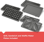BLACK+DECKER 3-in-1 Waffle Iron, WM2000SD, Grill and Sandwich Press, Non-Stick Removable Plates, Space Saving Compact Design