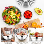 E-far Mixing Bowls with Lids Set, 7-Piece Stainless Steel Metal Mixing Bowls with Grater Attachments, Size 4.6, 3.5, 2.6, 2, 1.5, 1, 0.7QT, Nesting Design & Khaki Airtight Lids, For Cooking/Serving