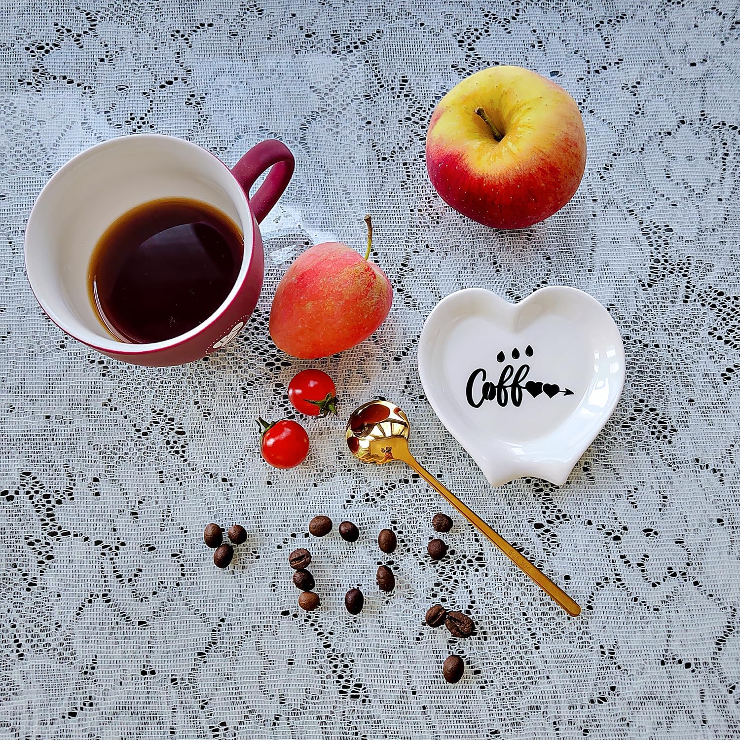 Heart-shaped Coffee Spoon Rest, Mini Coffee Spoon Holder, Coffee Stirrers, Teaspoon, Bar Spoon Rest, Coffee Bar Accessories (Ture white+Gold Spoon)