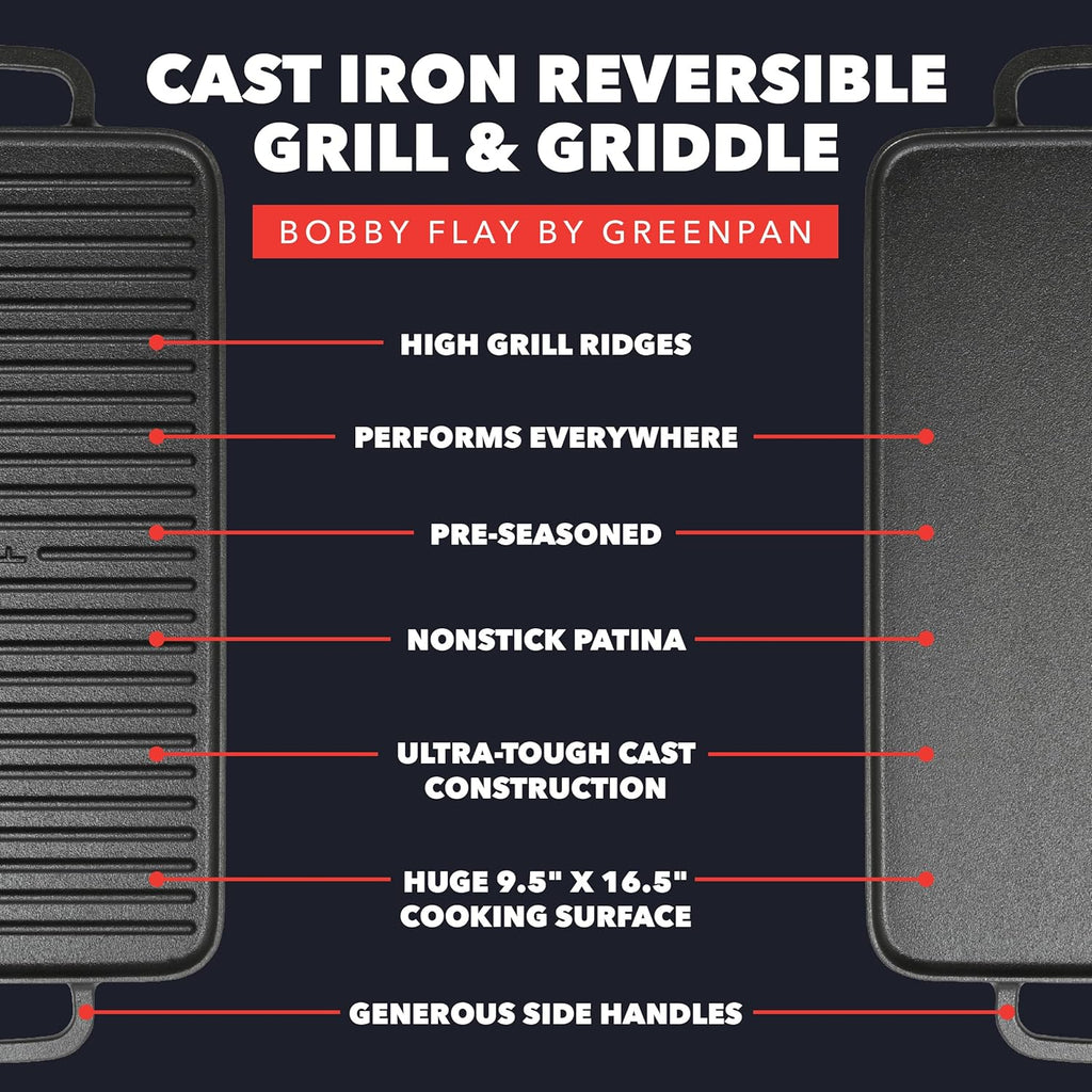 GreenPan x Bobby Flay Cast Iron Pre-Seasoned 16.5 x 9.5” Reversible Double Burner Griddle, Rectangular Grill, Helper Handles, Induction, Versatile Stovetop Oven BBQ & Fire, Indoor & Outdoor Use, Black