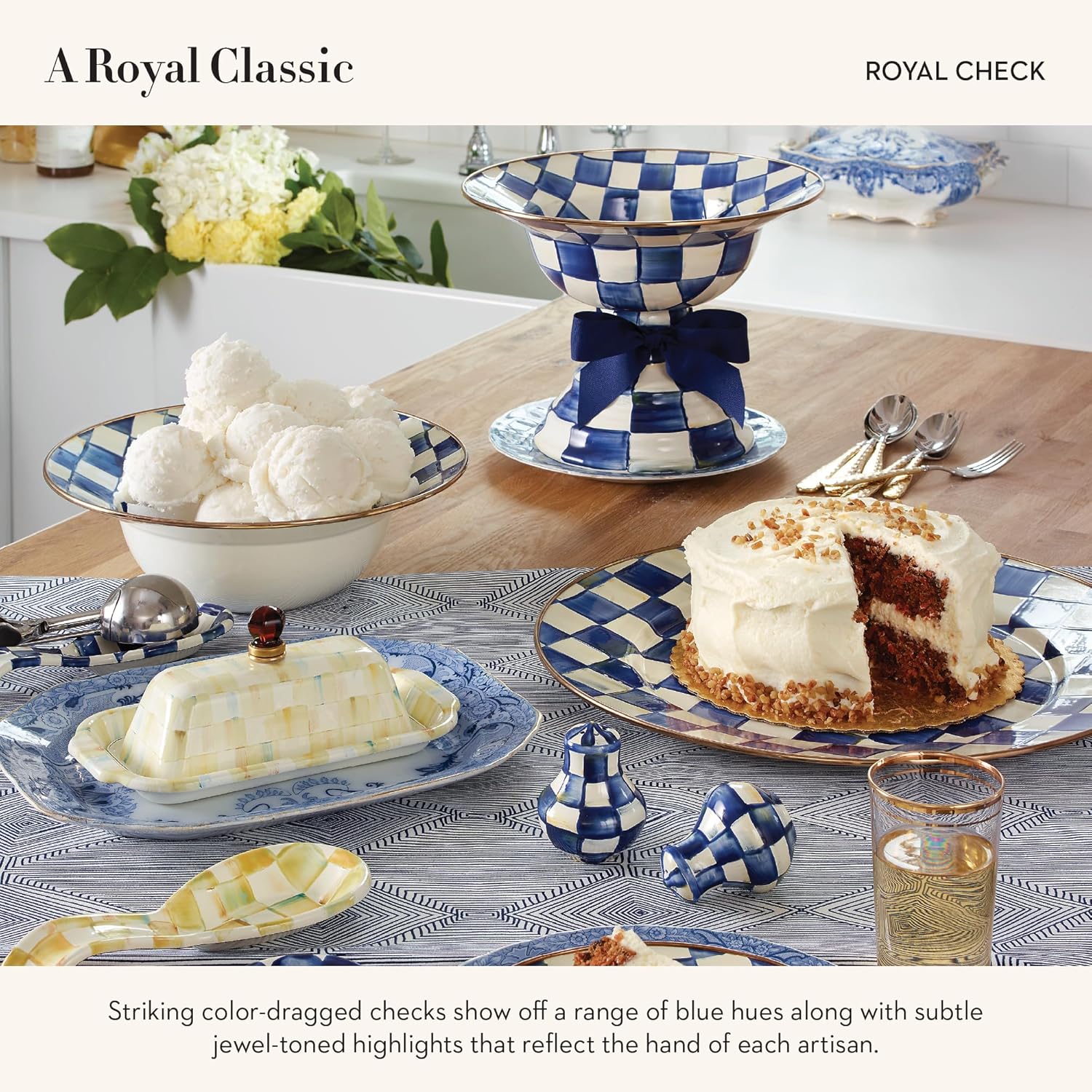 MACKENZIE-CHILDS Enamel Serving Bowl, Enamel Serveware Bowl, 12 Inches, Blue-and-White Royal Check