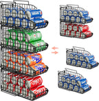 4-Pack Stackable Canned Food Organizer with Handles for Kitchen, Soda Can Organizer for Pantry Shelves, Wire Cabinet Shelf for Can Storage, Foldable Soda Dispenser, Patent Pending, Black