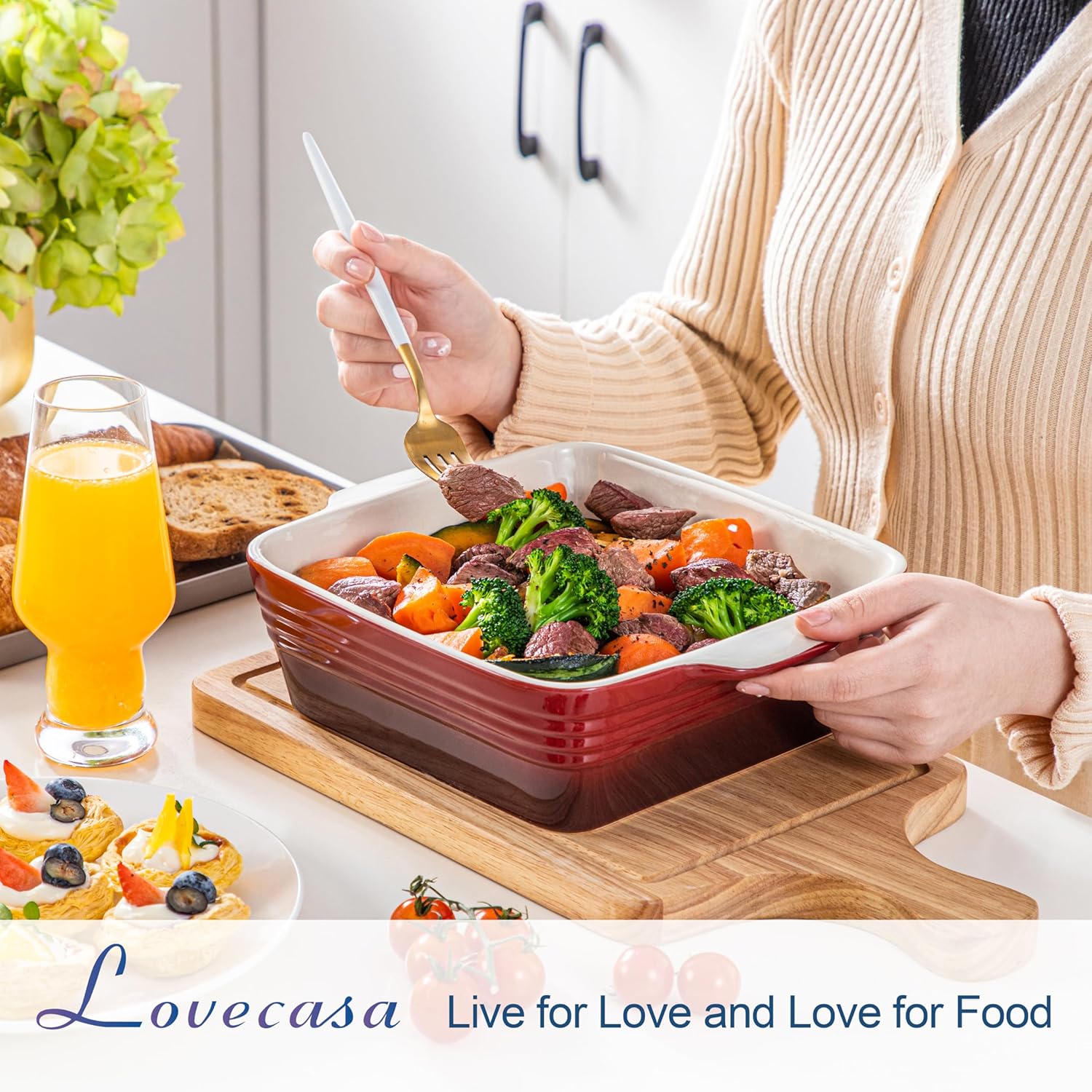 LOVECASA 8x8 inch Baking Pan, 2 Quart Square Cake Pan Baking Dish for Oven, Stoneware Brownie Pan Non-Stick, Casserole Baking Pan with Handle,Ceramic Bread Pans for Baking, Red