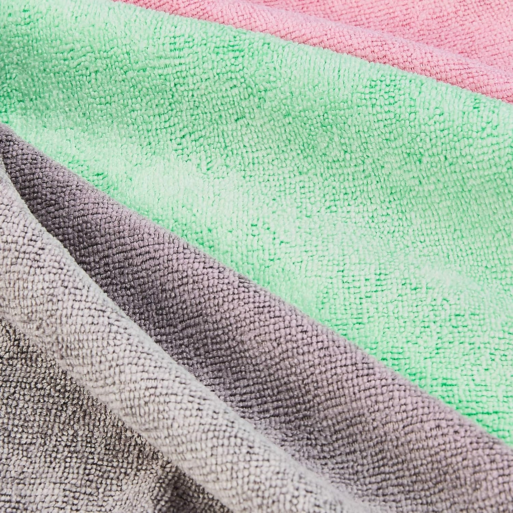 Amazon Basics Microfiber Cleaning Cloths, Ultra Soft and Absorbent, Free from Streaks/Lint/Scratch for Cars, 16" x 12", Green/Gray/Pink, 24-Pack