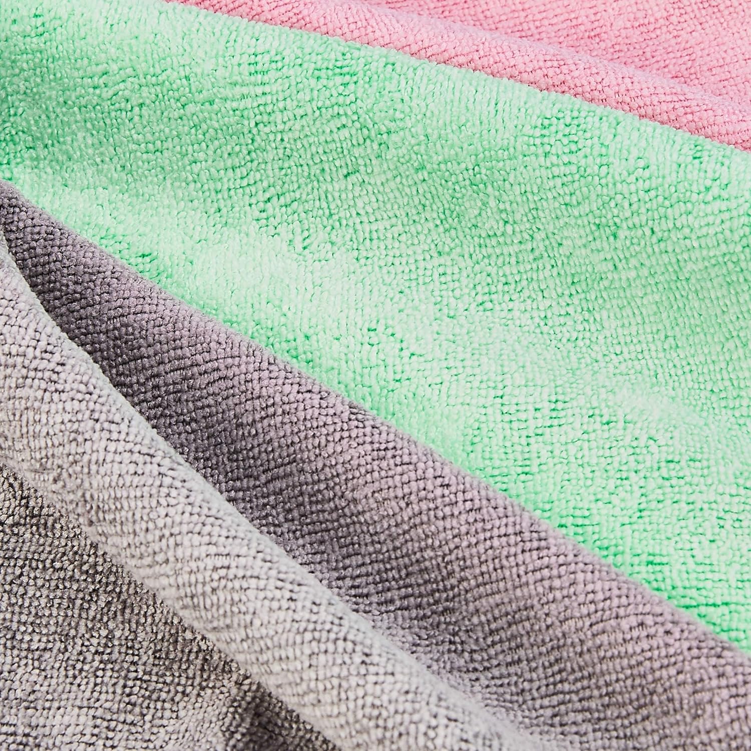 Amazon Basics Microfiber Cleaning Cloths, Ultra Soft and Absorbent, Free from Streaks/Lint/Scratch for Cars, 16" x 12", Green/Gray/Pink, 24-Pack