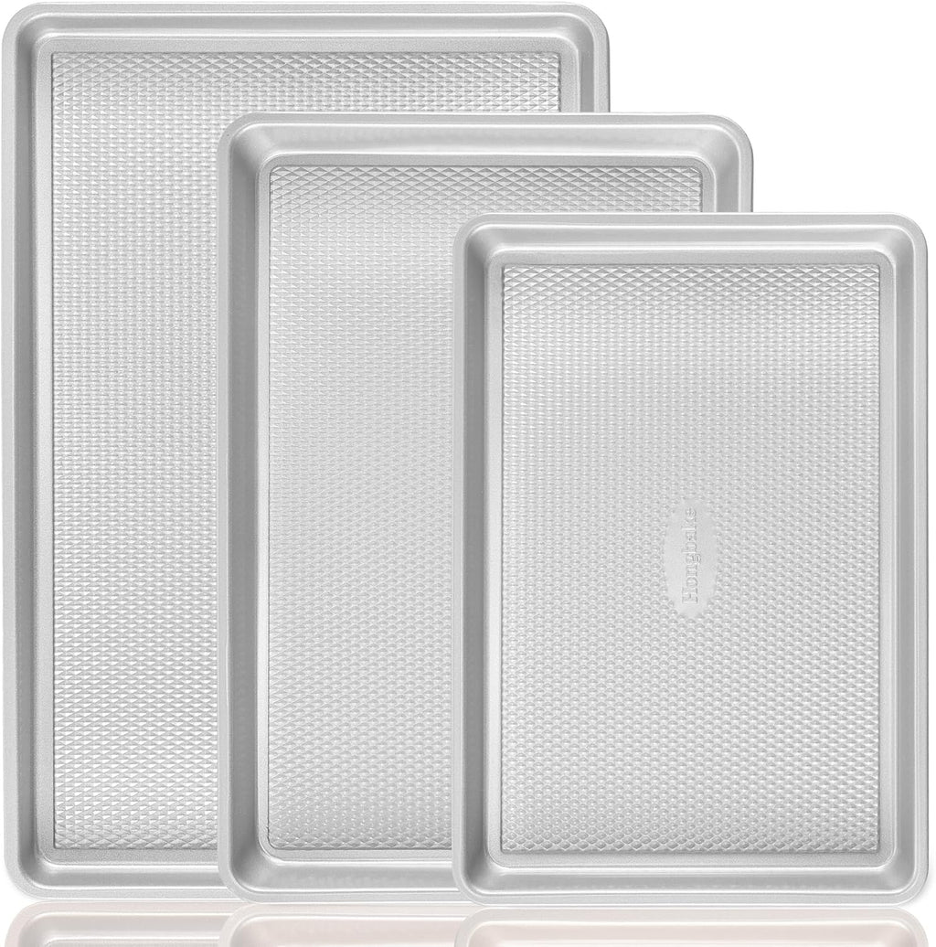 HONGBAKE Baking Sheet Pan Set, Cookie Sheets for Oven, Nonstick Half/Quarter/Jelly Roll Pans with Diamond Texture Pattern, Heavy Duty Cookie Tray, Silver
