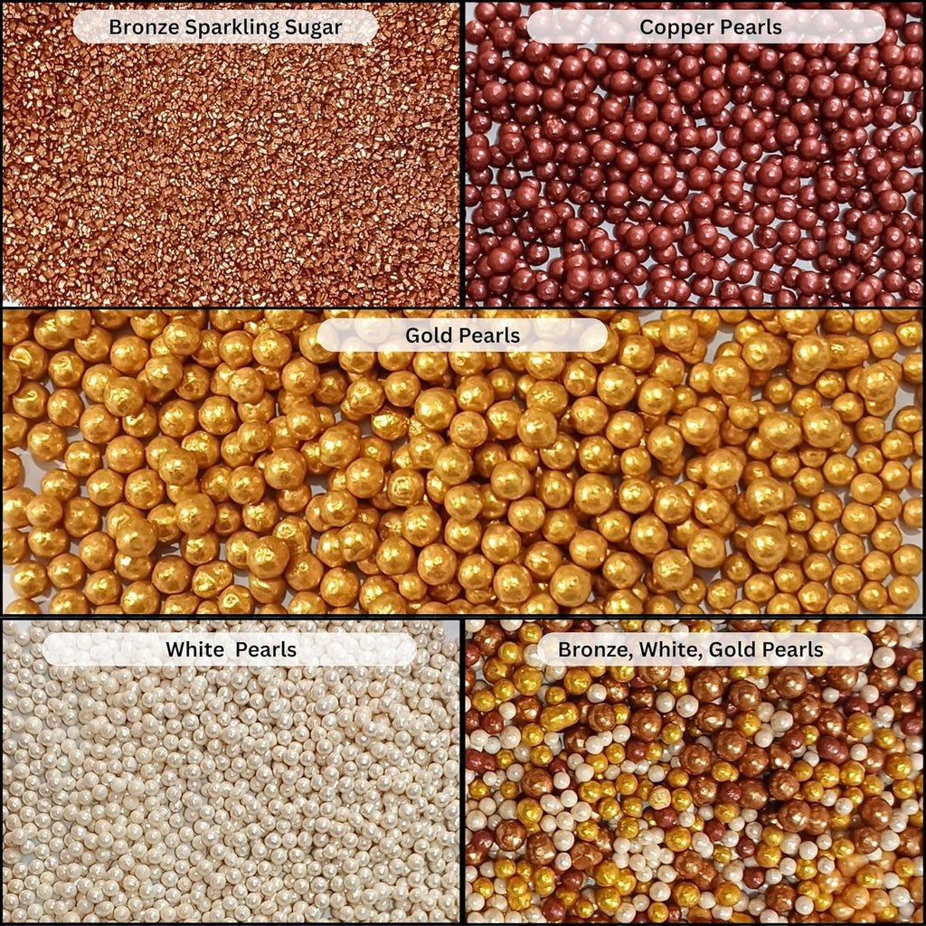 Confect Sprinkle Mix – Edible Gold, Bronze & White Sugar Pearls with Copper Sparkling Sugar –Great Gatsby Disco Ball- Elegant Cake, Cupcake & Cookie Decorating Sprinkles –Vegan, Gluten-Free, Nut-Free, Soy-Free, Dairy-Free, Palm Oil-Free, Dye Free- 5 Oz