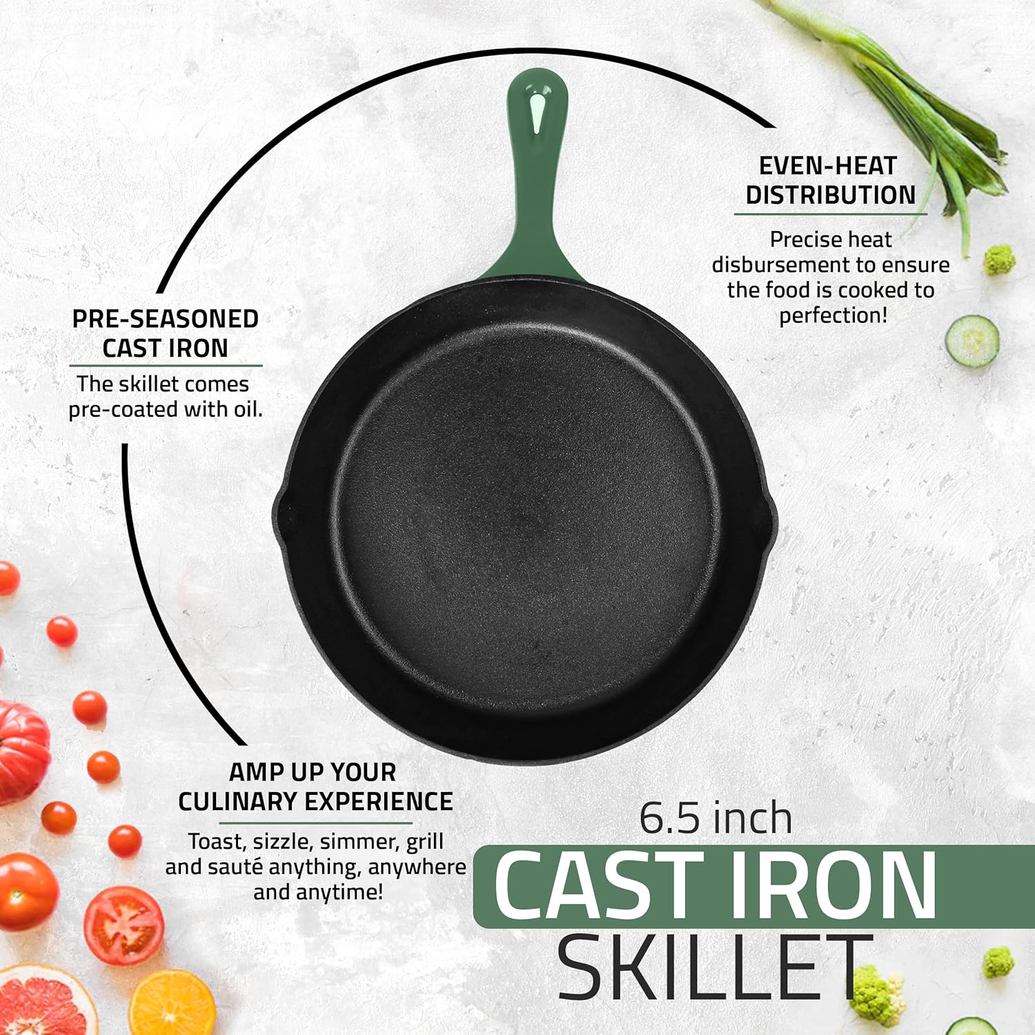 Utopia Kitchen Cast Iron Frying Pan 6.5 Inch, Cast Iron Chefs Pan, Pre Seasoned Skillet, Safe Grill Cookware for Indoor & Outdoor Use, Green