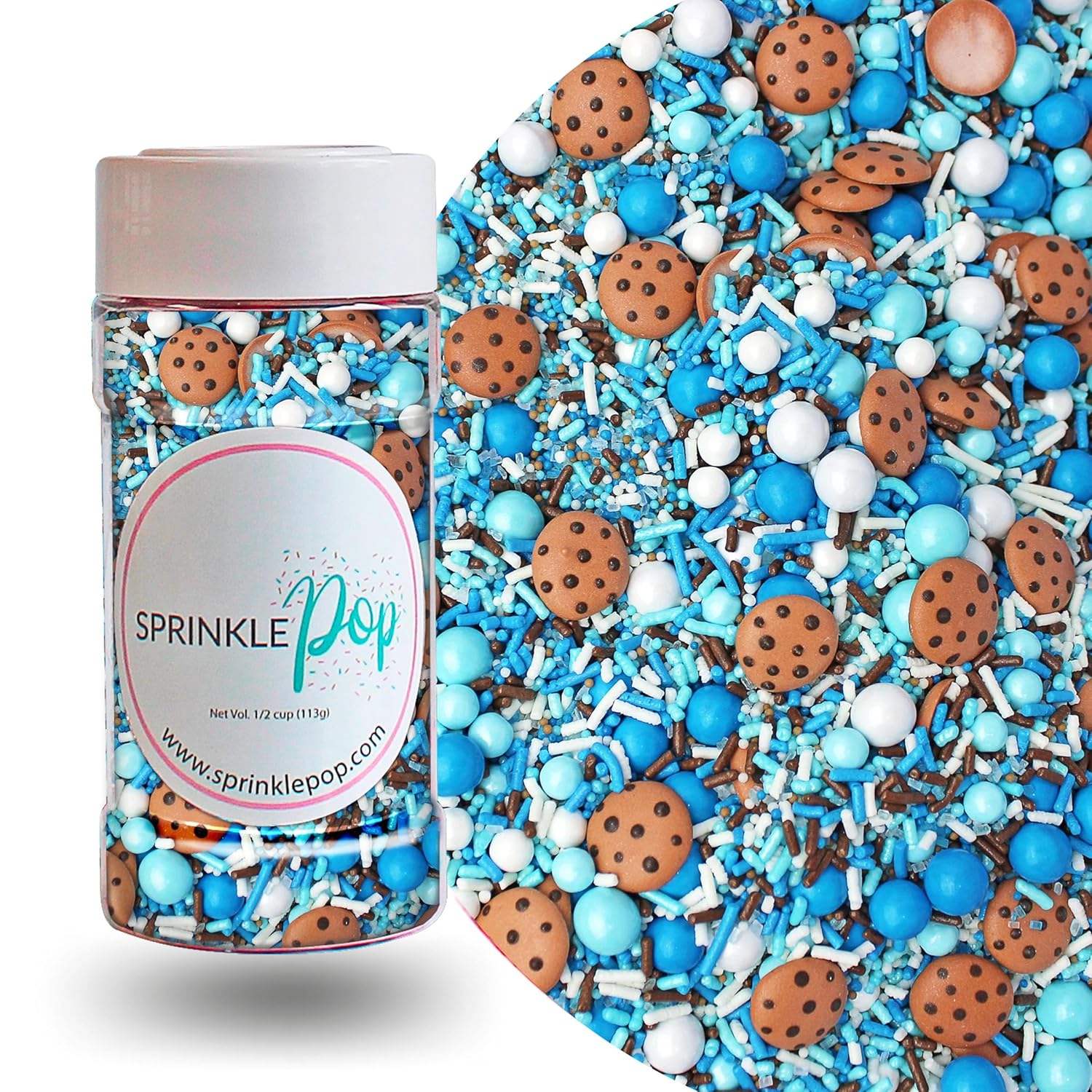 Sprinkle Pop Cookies & Milk Sprinkle Mix| Blue and White Sprinkles with ~12 Hand Piped Chocolate Chips Cookies and Brown Pops| Decorating Sprinkles Made in USA For Birthday Cake Cupcakes Donuts, 4oz