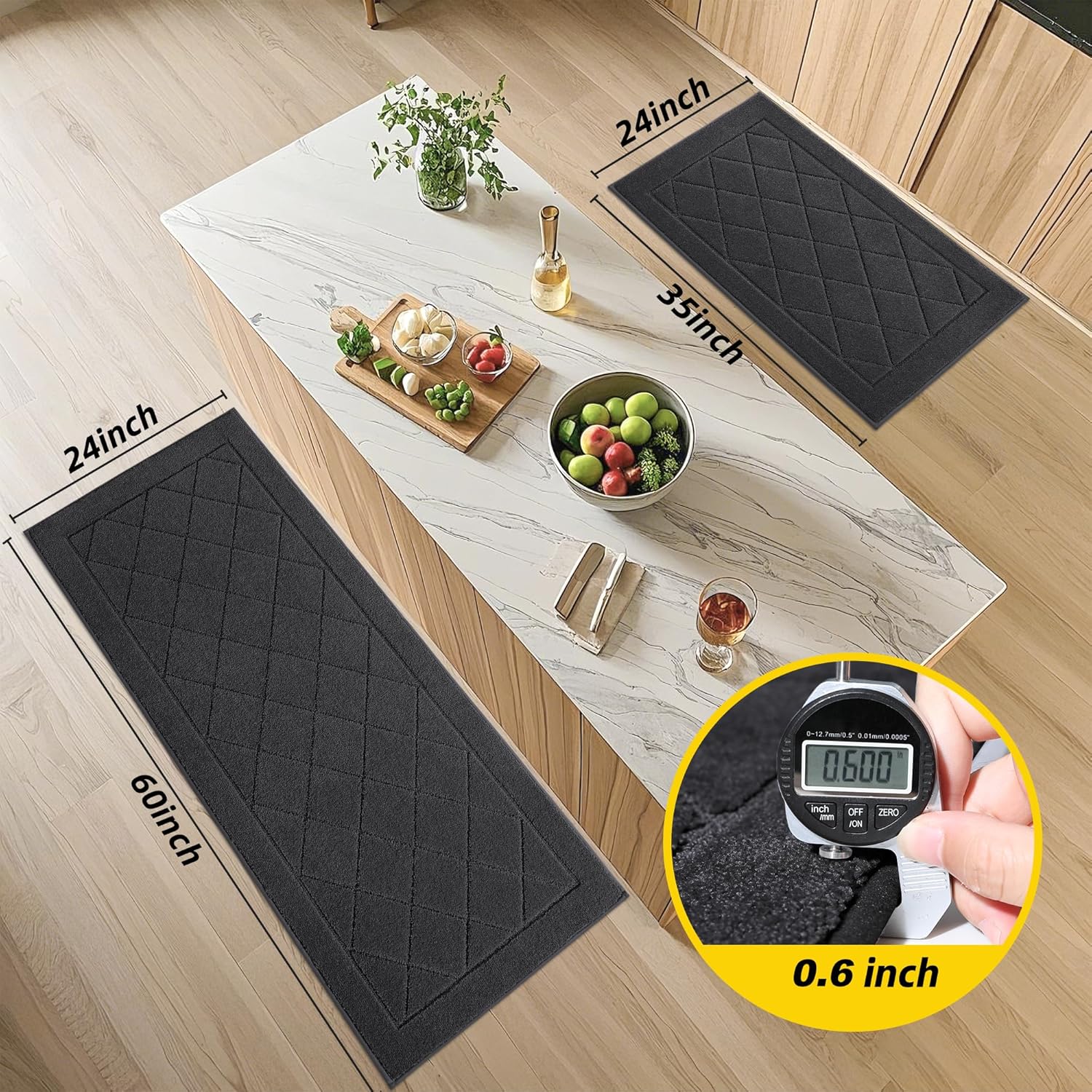 JSEI Non-Slip Kitchen Rugs, Self Adhesive No Sliding Kitchen Mats Set of 2, Soft Washable Absorbent Floor Mat for Kitchen, Bathroom, Laundry Room, Bedroom, 24”x36”+24”x60”, Dark Grey, Diamond Pattern