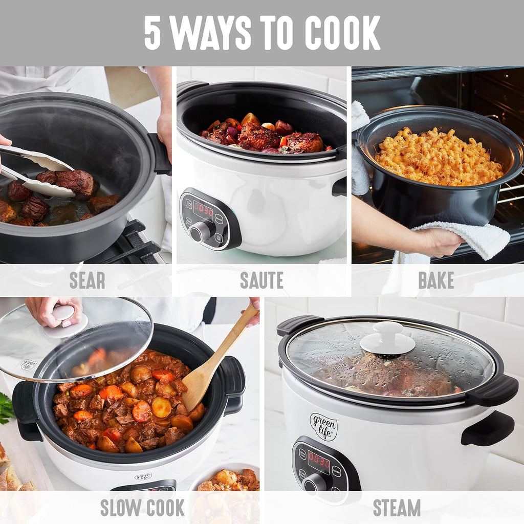 GreenLife 6QT Slow Cooker, Non-Toxic PFAS-Free Ceramic Nonstick Removable Interior Bowl, Programmable, Family Friendly, Keep Warm, Stovetop & Oven Safe, Dishwasher Safe Parts, Timer, Glass Lid, White