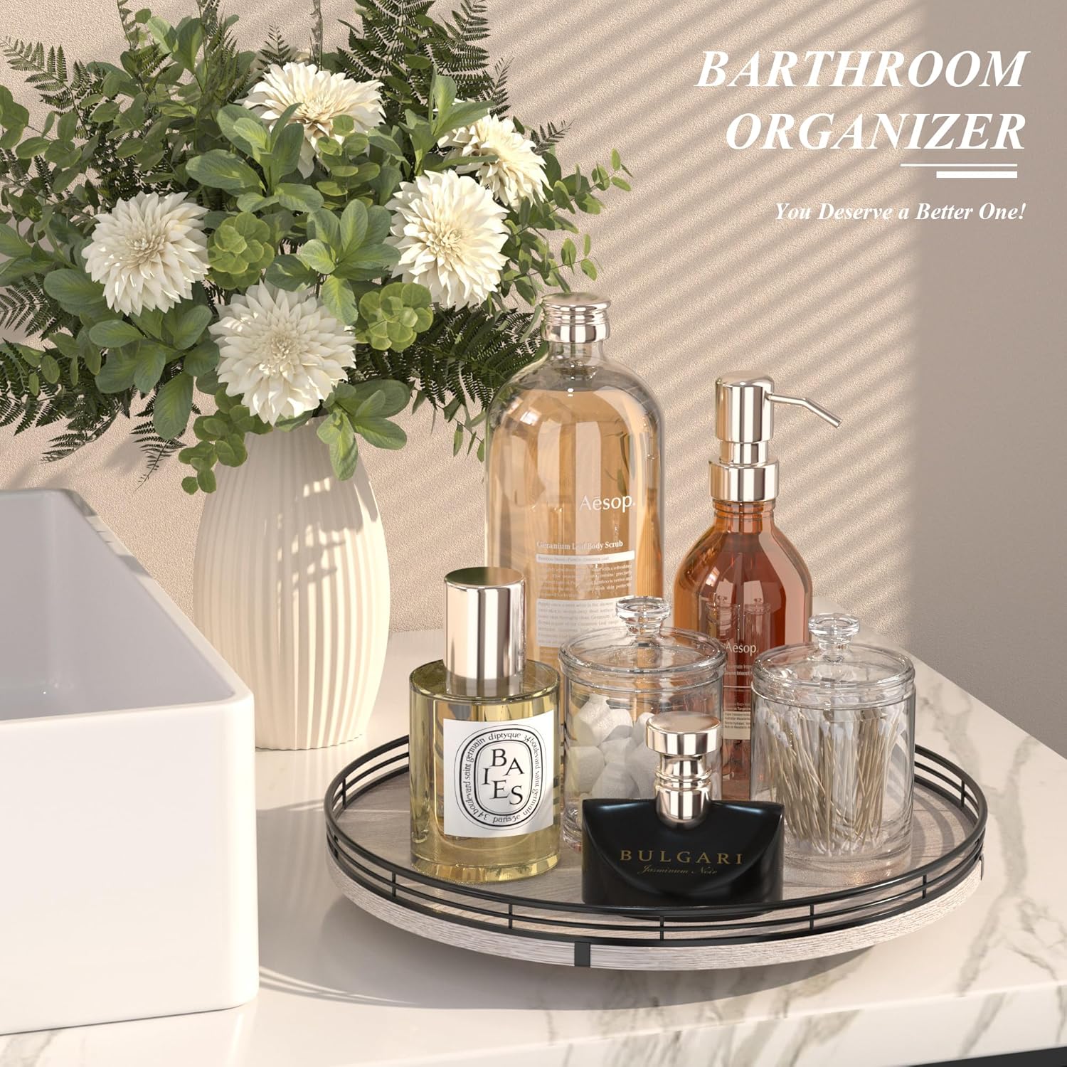 13" Oak Bathroom Vanity Tray Turntable for Perfume Candle, Round Wooden Decorative Tray for Kitchen Sink Countertop Organizer, Bathroom Counter Organizer for Skincare Makeup, Rustic White