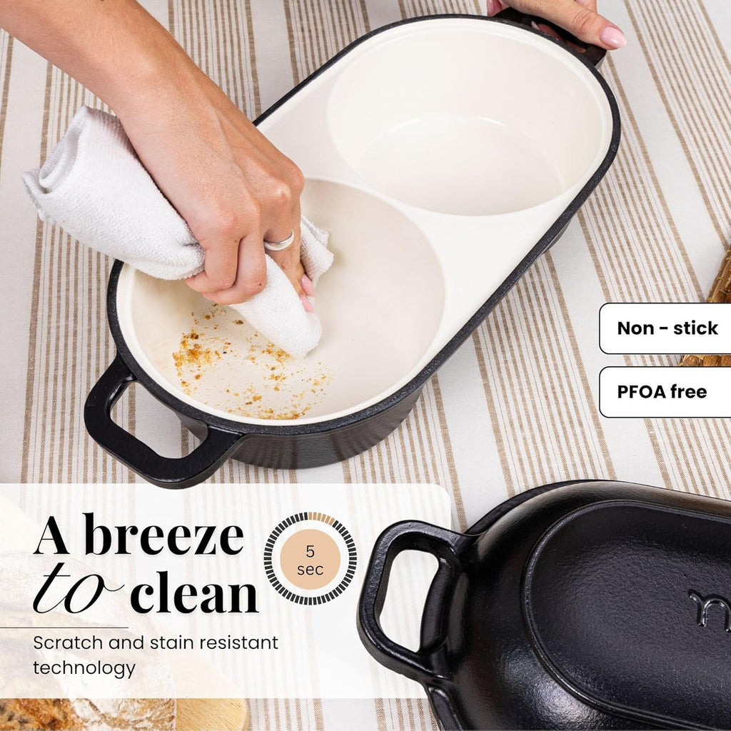 nuovva Dutch Oven for Sourdough Bread Baking – Enamelled Cast Iron Bread Loaf Pot – 500°F Oven Safe Non Stick Bread Pot – Double Round Loaf Space, 16.5cm Diameter, Black