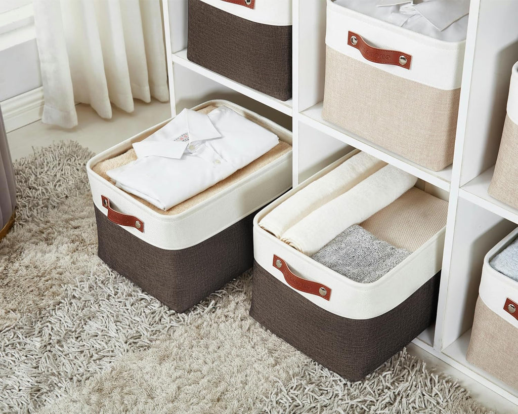 DECOMOMO Storage Baskets for Shelves - Fabric Storage Bins, Linen Closet Organizers and Storage (Brown & White, Large - 3 Pack)