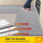 JSEI Non-Slip Kitchen Rugs, Self Adhesive No Sliding Kitchen Mats Set of 2, Soft Washable Absorbent Floor Mat for Kitchen, Bathroom, Laundry Room, Bedroom, 24”x36”+24”x60”, Light Grey, Diamond Pattern