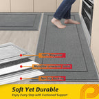 JSEI Non-Slip Kitchen Mats, Self Adhesive No Sliding Kitchen Rugs Set of 2, Washable Absorbent Floor Mat for Kitchen, Bathroom, Laundry Room, Bedroom, 24”x36”+24”x60”, Light Grey, Rectangular Pattern