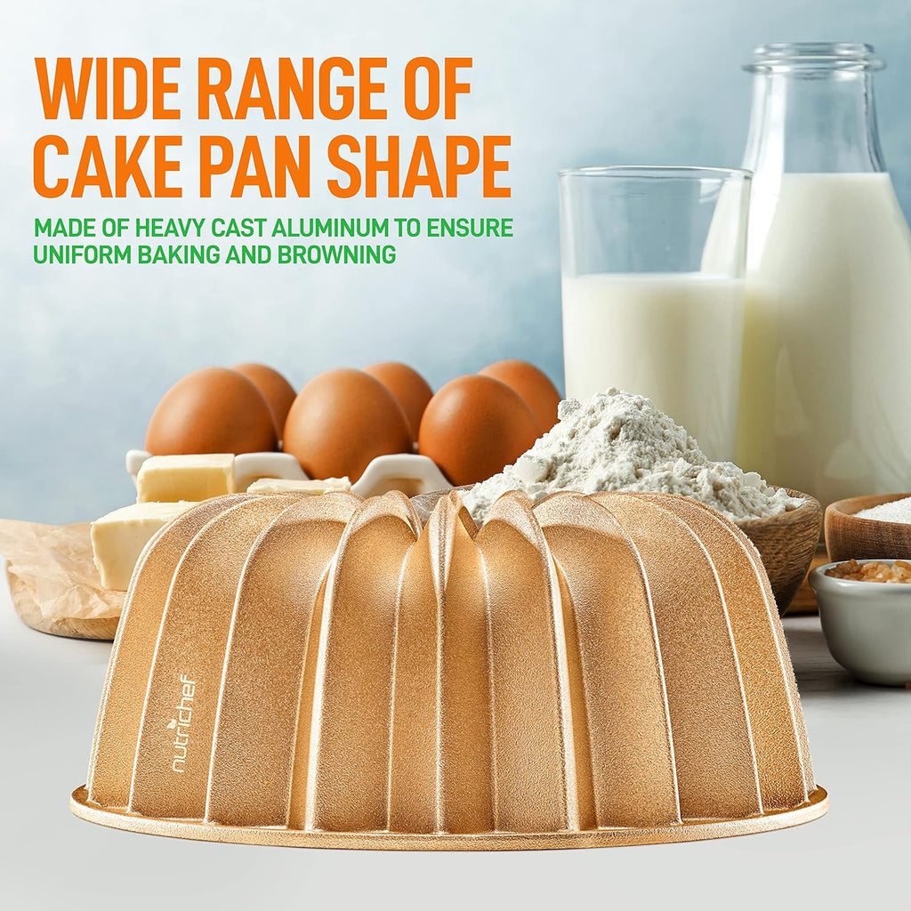 NutriChef 9-Inch Cake Pan - Thick and Heavy Cast Aluminum Bakeware Cake Mold with 2 Layers of Nonstick Coating - Fluted Lines Design for Uniform Baking Up To 500 Degrees - Easy to Clean, Gold
