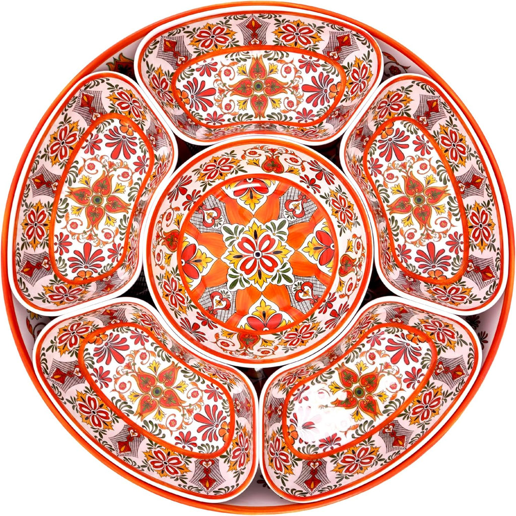 TP Taco Bar Serving Set, Melamine Serving Platter with Lazy Susan, Serving Tray and Bowls, Taco Tuesday Kit Snack Holder for Party and Fiesta, Talavera Bloom