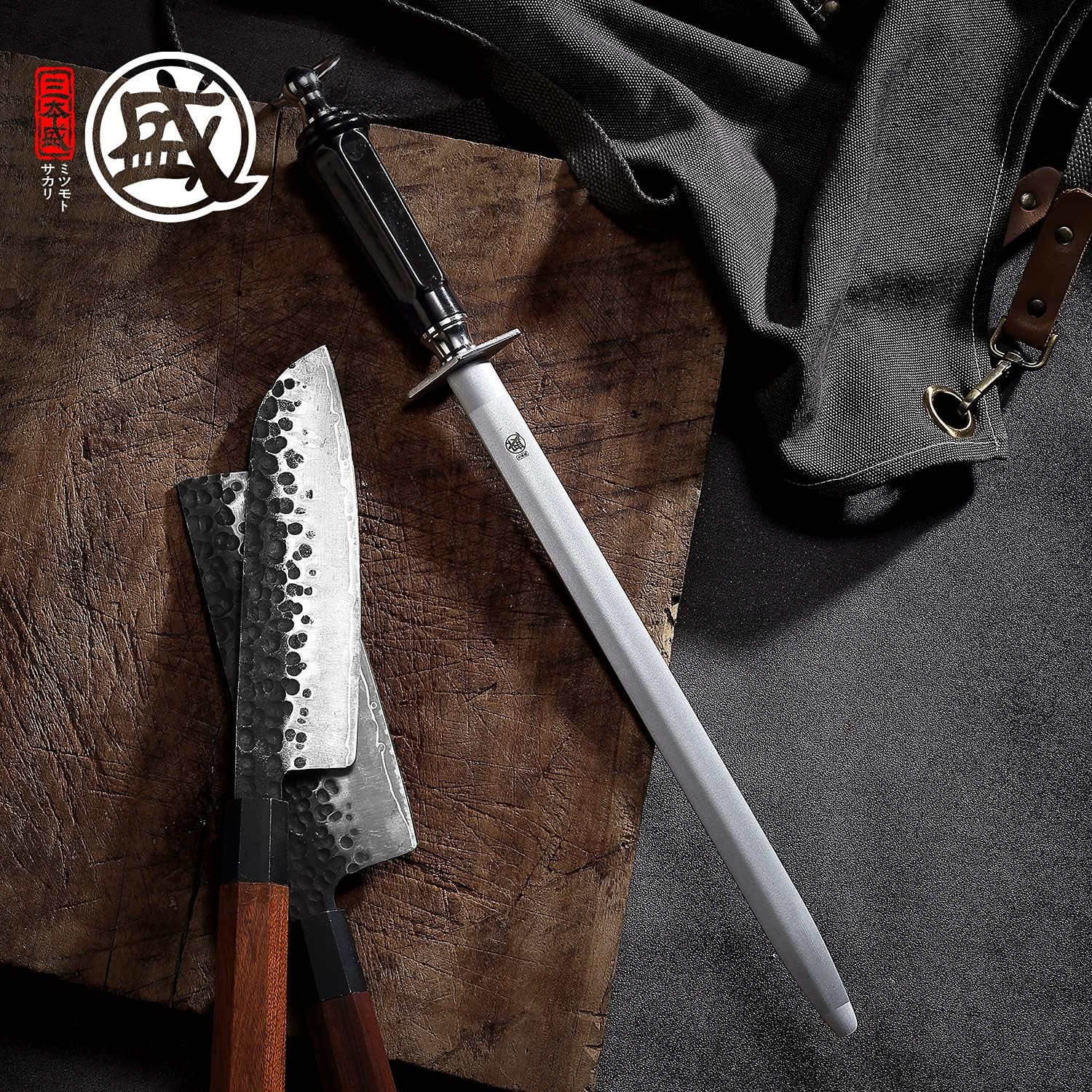 MITSUMOTO SAKARI 10 inch Japanese Honing Steel - Flat Diamond Knife Sharpening Rod, Professional High Carbon Sharpener with ABS Handle & Powerful Magnet