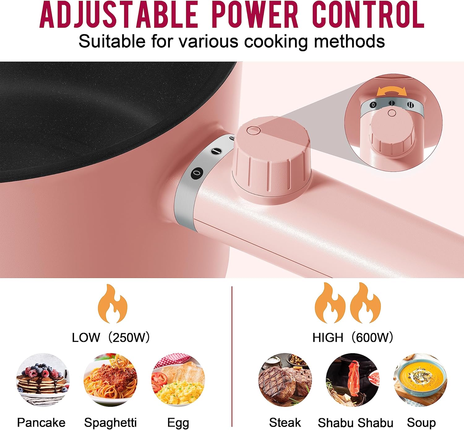 Topwit Hot Pot Electric with Steamer, 1.5L Ramen Cooker, Non-Stick Frying Pan, Electric Pot for Pasta, BPA Free, Electric Cooker with Dual Power Control, Over-Heating & Boil Dry Protection, Pink