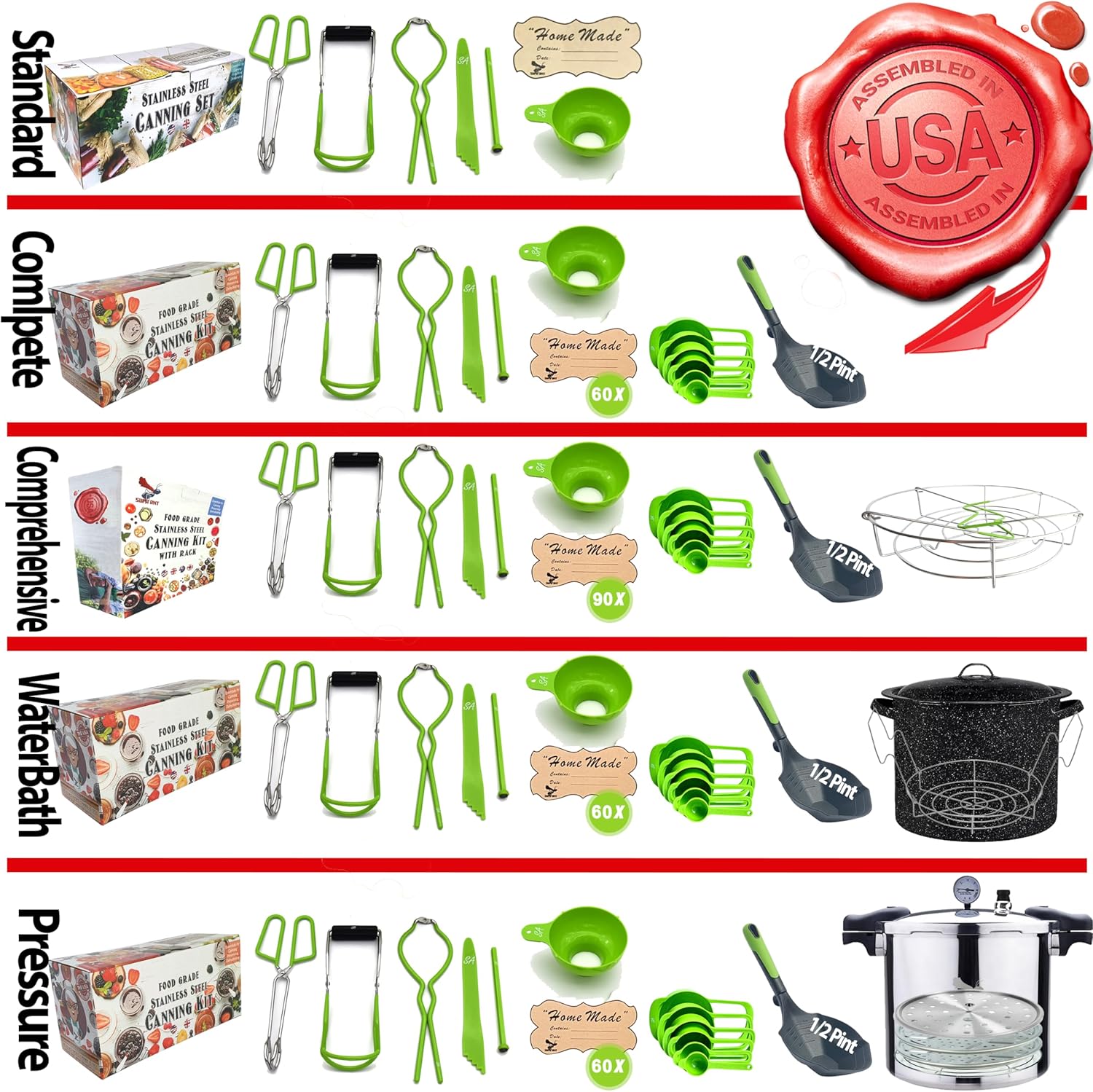 Supa Ant Canning Supplies - US Assembled Certified Food Grade Stainless Steel Canning Kit with XL Ladle, Wide Kitchen Funnel, Jar Lifter and Wrench, Bubble Popper/Measurer, Lid Lifter, Kitchen Tongs