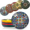 KitchenTour Pasta Bowls Set of 6-30 oz Large Wide & Shallow Serving Bowl, Colorful Ceramic Salad Bowls for Everyday Dining - 8.2 Inch, Microwave and Dishwasher Safe, Bohemian Style
