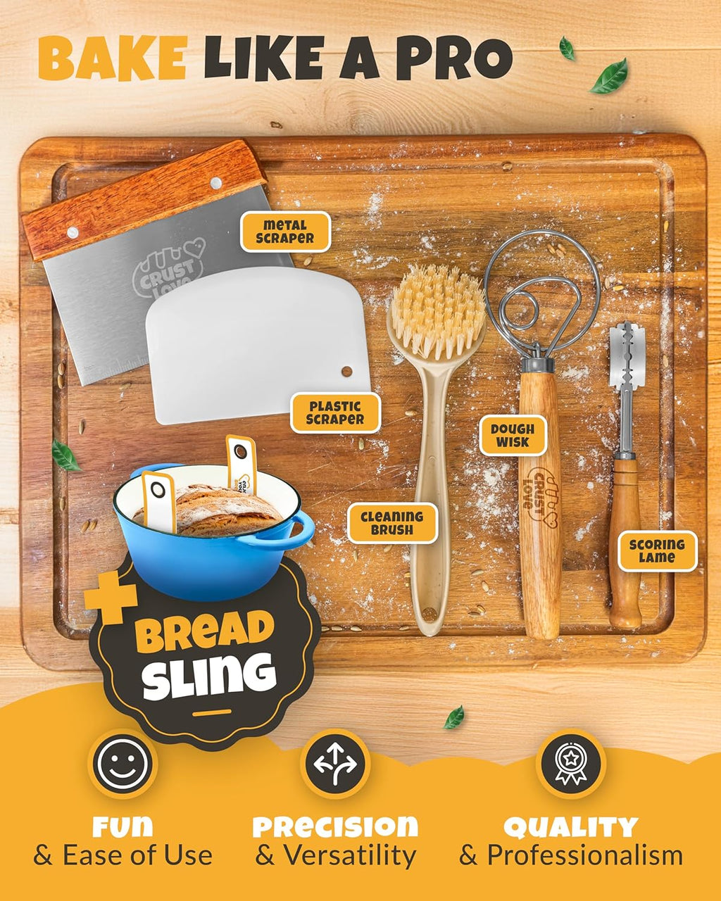 Dutch Oven for Bread Baking - incl. Sourdough Bread-Baking Supplies like Banneton Bread-Proofing Basket - 5QT Enameled Cast Iron Bread-Oven with Lid, Bread-Pan Sour Dough Starter Kit