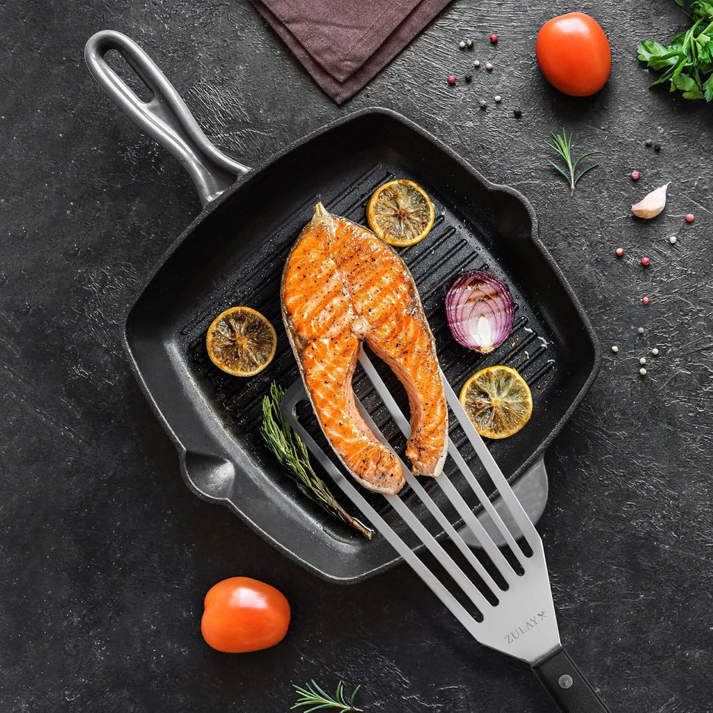 Zulay Kitchen Fish Spatula Stainless Steel - Spatulas for Non-Stick Cookware - Slotted Stainless Spatula - Easy to Clean Turner 12.4