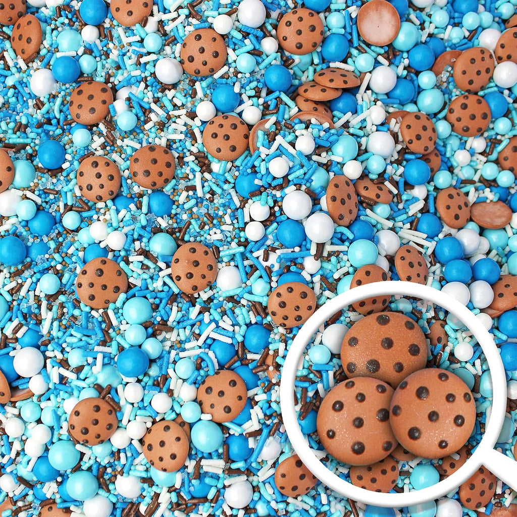 Sprinkle Pop Cookies & Milk Sprinkle Mix| Blue and White Sprinkles with ~12 Hand Piped Chocolate Chips Cookies and Brown Pops| Decorating Sprinkles Made in USA For Birthday Cake Cupcakes Donuts, 4oz