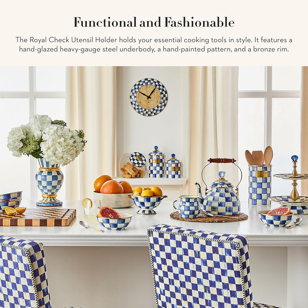 MACKENZIE-CHILDS Enamel Utensil Holder, Kitchen Utensil Holder for Countertop, Storage Caddy, Blue-and-White Royal Check